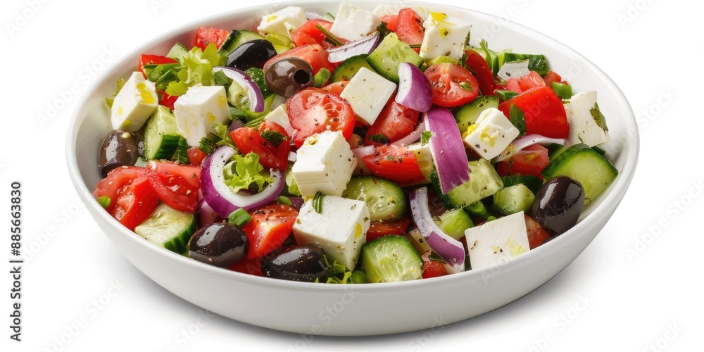 Take Out Salad. Greek Mediterranean Salad in Porcelain Bowl on White Background Take Out Salad. Greek Mediterranean Salad in Porcelain Bowl on White Background