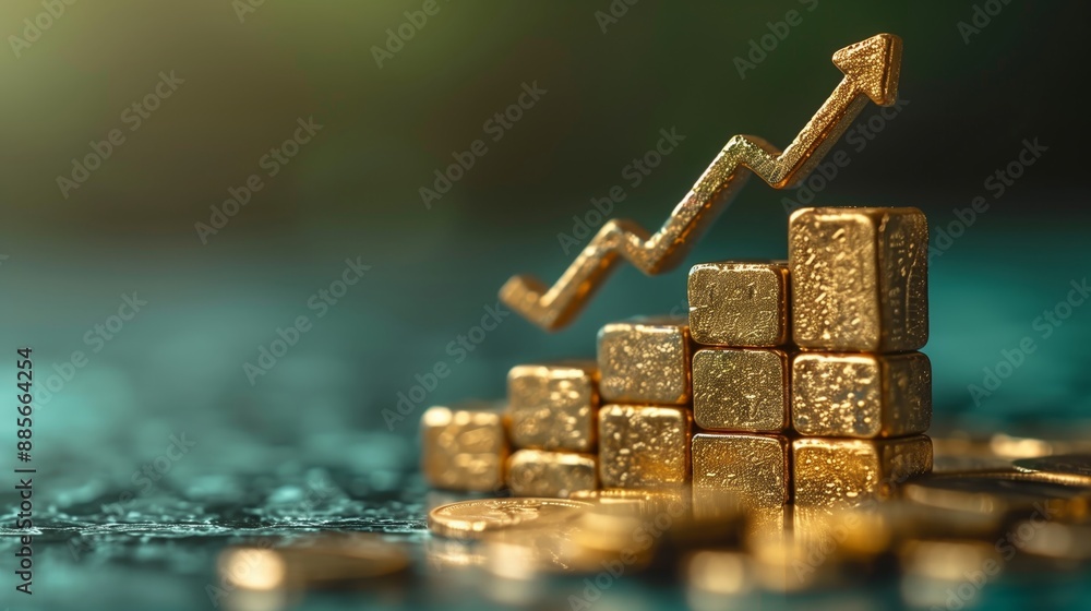 Stacks of gold bars with a rising arrow signifying growth, wealth, and financial success on a green background. Stacks of gold bars with a rising arrow signifying growth, wealth, and financial success on a green background.