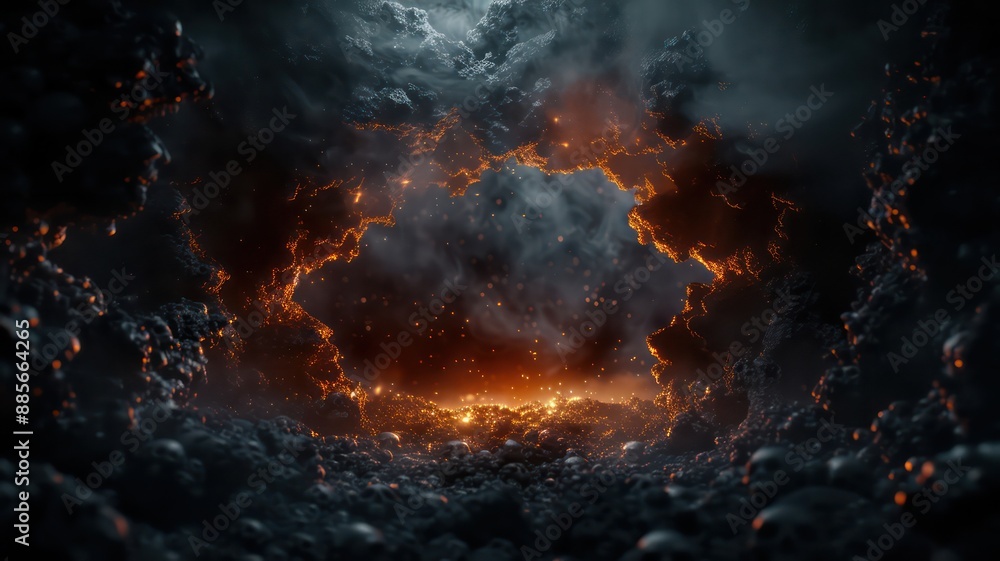 Fototapeta premium A dark, ominous space with a large hole in the middle. The hole is surrounded by fire and smoke, creating a sense of danger and chaos. The scene is set in a futuristic world, with the fire