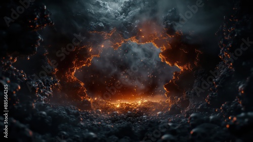 A dark, ominous space with a large hole in the middle. The hole is surrounded by fire and smoke, creating a sense of danger and chaos. The scene is set in a futuristic world, with the fire