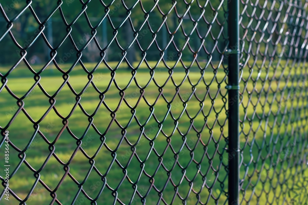 Fototapeta premium Abstract Perspective of Fence with Metal Grid. Symbolic Boundary in Background