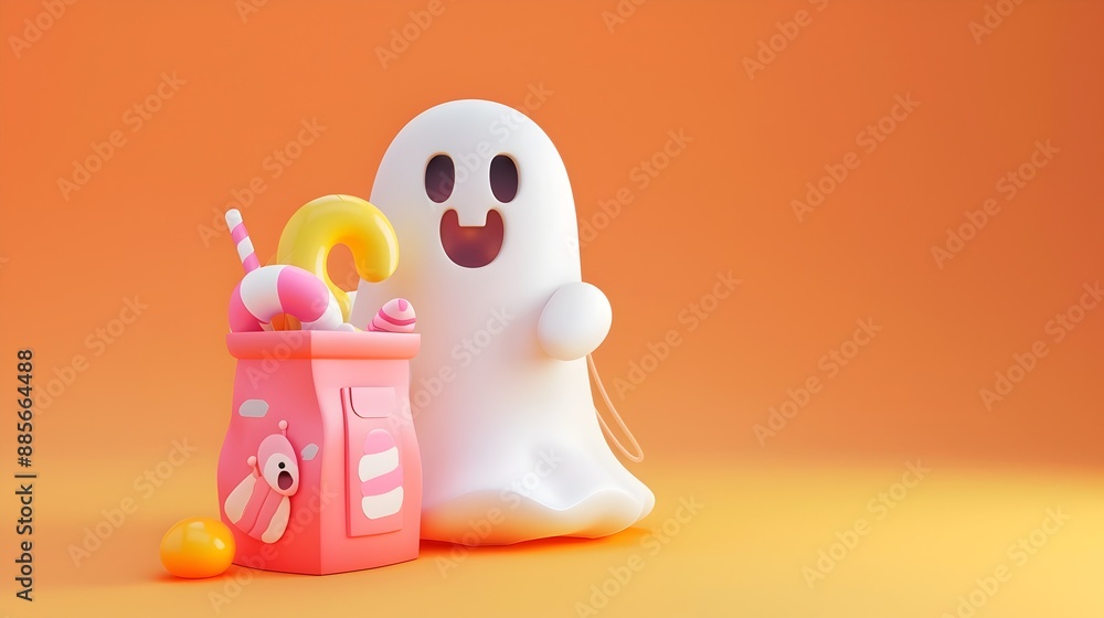 Friendly Ghost Character Holding Candy Bag for Halloween Holiday Friendly Ghost Character Holding Candy Bag for Halloween Holiday
