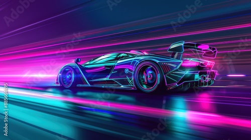 Neon Dreams: A Black Sports Car Under Neon Lights