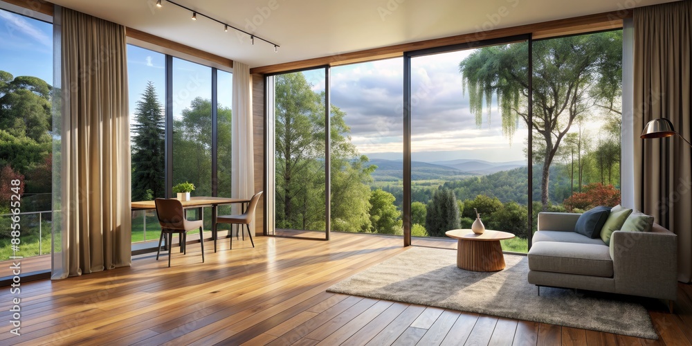 Modern Living Room with Mountain View, Large Windows, Wooden Floor, Cozy Couch, interior design, home decor, living space Modern Living Room with Mountain View, Large Windows, Wooden Floor, Cozy Couch, interior design, home decor, living space