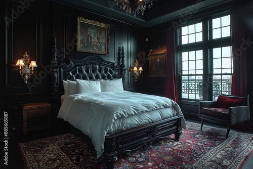 Hotel Room With Gothic Revival: Dark colors, ornate furniture, and dramatic decor.  photo