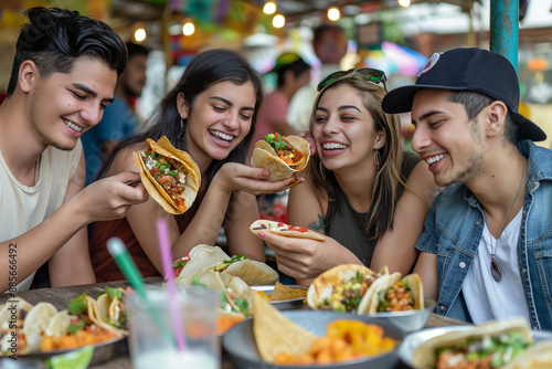 A group of people are eating food, including tacos, at a table