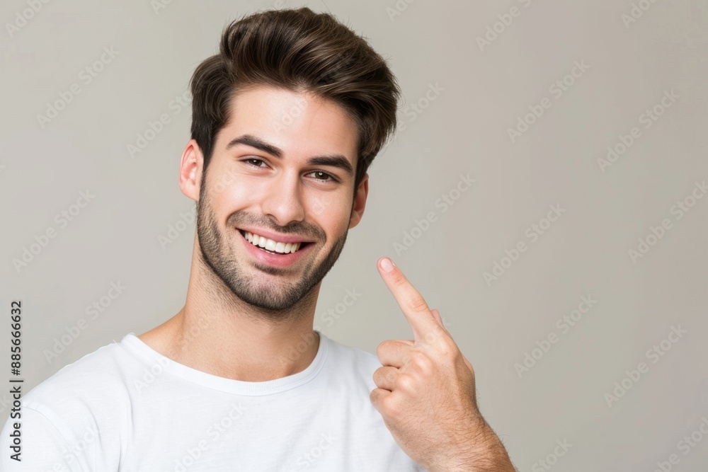 Man Pointing To Right: Successful Business Freelancer Smiling and Happy, Index Finger Gesturing, Satisfied with Copy Space Man Pointing To Right: Successful Business Freelancer Smiling and Happy, Index Finger Gesturing, Satisfied with Copy Space