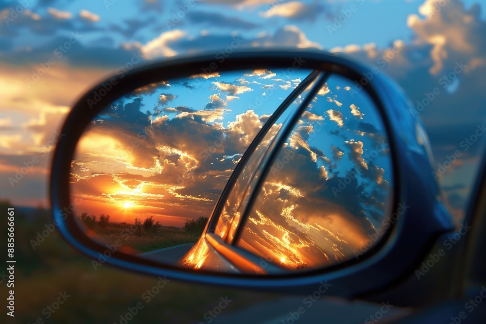 Mirror Rearview. Car Sunset Reflection in Rearview Mirror with Spectacular Sky Mirror Rearview. Car Sunset Reflection in Rearview Mirror with Spectacular Sky