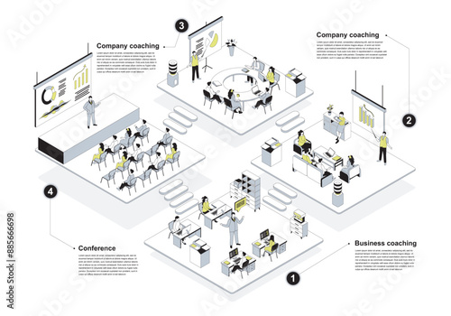 Business training 3d isometric concept in outline design for web. People learning in isometry rooms at company coaching, conference meeting hall, teacher presentation class. Vector illustration.
