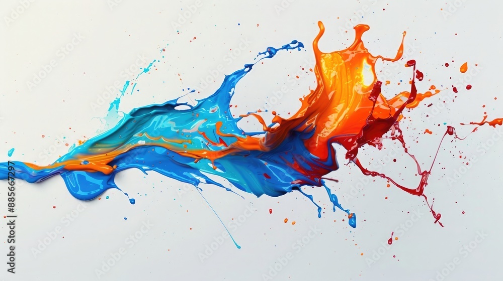 A single paint splash captured in motion, with bold colors blending and splattering against a white background. A single paint splash captured in motion, with bold colors blending and splattering against a white background.