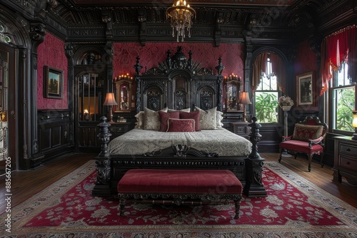 Hotel Room With Gothic Revival: Dark colors, ornate furniture, and dramatic decor.  photo