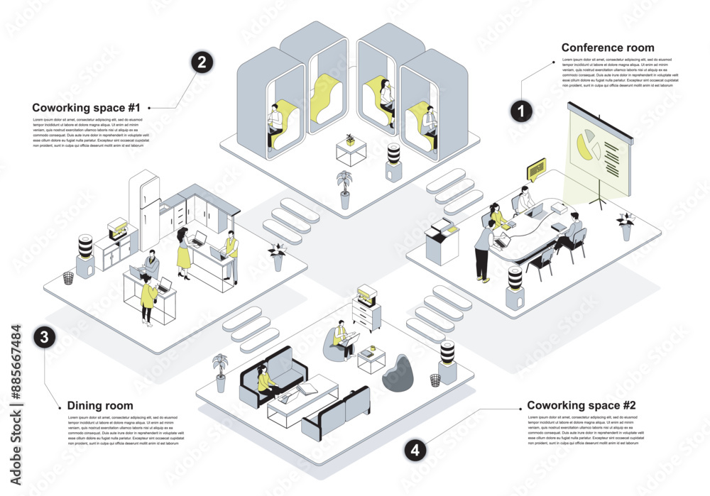 Coworking space 3d isometric concept in outline design for web. People working in isometry rooms office with conference halls, workflow in departments and resting in dining room. Vector illustration. Coworking space 3d isometric concept in outline design for web. People working in isometry rooms office with conference halls, workflow in departments and resting in dining room. Vector illustration.