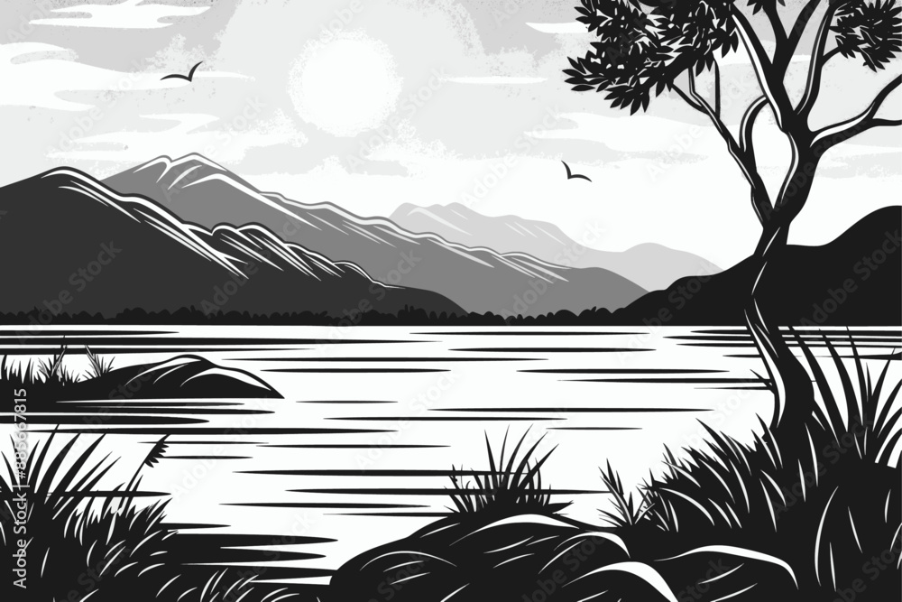 Mountain lake scene with tree and birds Mountain lake scene with tree and birds