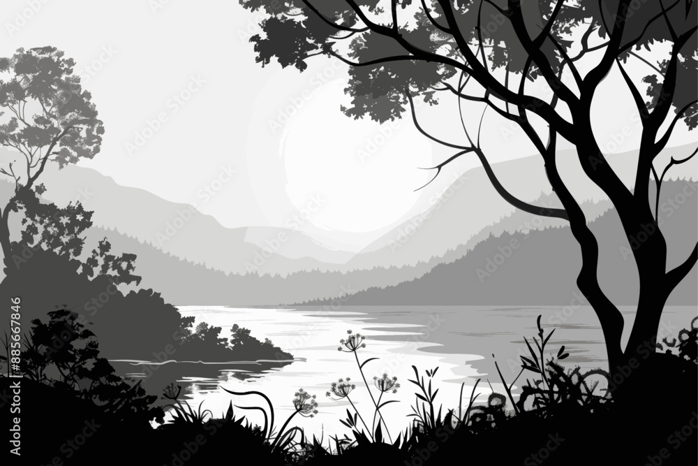 Lake view through trees with distant hills Lake view through trees with distant hills