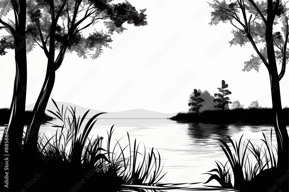 Lake view through trees with distant hills