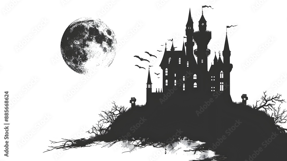 Sticker Design of Gothic Castle with Full Moon on Dark Landscape Sticker Design of Gothic Castle with Full Moon on Dark Landscape