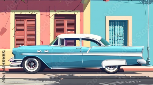 Cuban classic retro car vector illustration. Concept design for travel to Cuba with traditional for country's streets american car