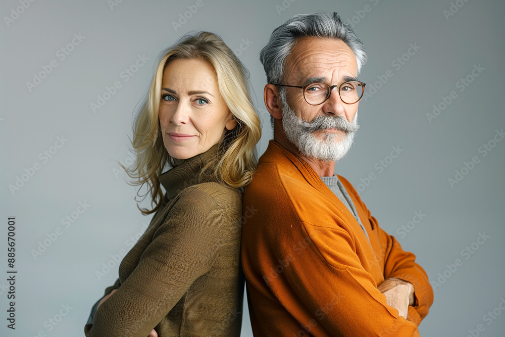 Confident middle-aged man and woman standing back to back, teamwork concept Confident middle-aged man and woman standing back to back, teamwork concept