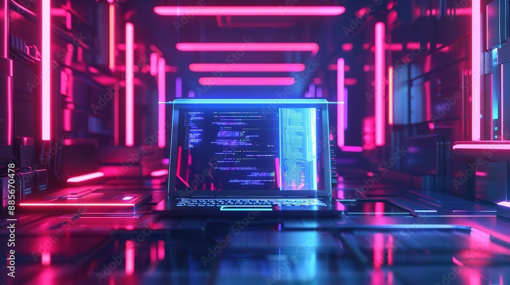 Neon Laptop on Futuristic Circuitry Neon Laptop on Futuristic Circuitry