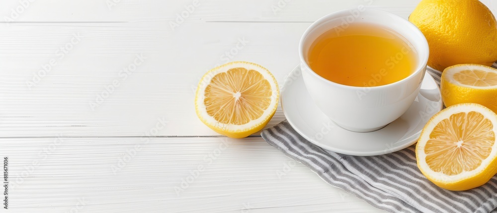 Cup of herbal tea with lemon, realistic style, soft studio lighting, white background, positioned on the right, left side empty for text, mid-shot framing. Cup of herbal tea with lemon, realistic style, soft studio lighting, white background, positioned on the right, left side empty for text, mid-shot framing.