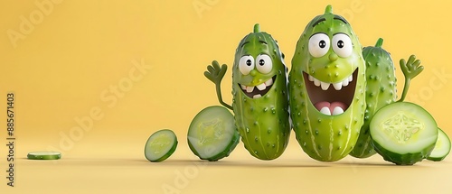 Funny smiling cartoon cucumbers on a yellow background. Laughter, fun, humor with sliced cucumber pieces. Concept of joy and freshness.