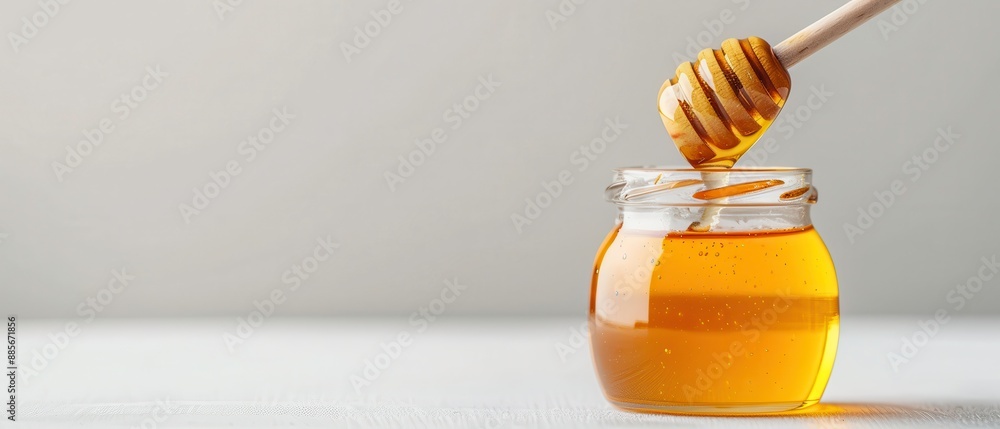 Jar of honey with dipper, realistic style, soft studio lighting, white background, positioned on the right, left side empty for text, mid-shot framing. Jar of honey with dipper, realistic style, soft studio lighting, white background, positioned on the right, left side empty for text, mid-shot framing.
