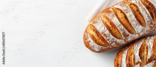 Freshly baked loaf of bread, realistic style, soft studio lighting, white background, positioned on the right, left side empty for text, mid-shot framing.