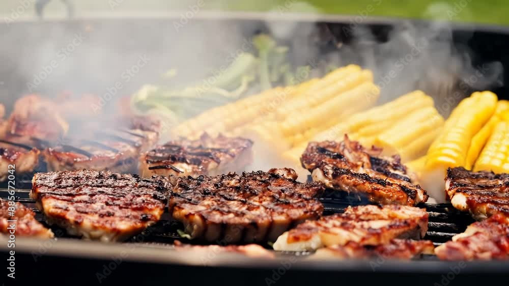 Fresh barbecue on the grill. Steam comes from juicy meat and vegetables Fresh barbecue on the grill. Steam comes from juicy meat and vegetables