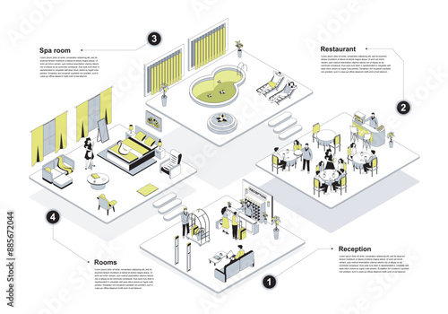 Hotel 3d isometric concept in outline design for web. People in isometry rooms registerating at reception, tourists check into apartment, dining in restaurant, relax in spa area. Vector illustration.