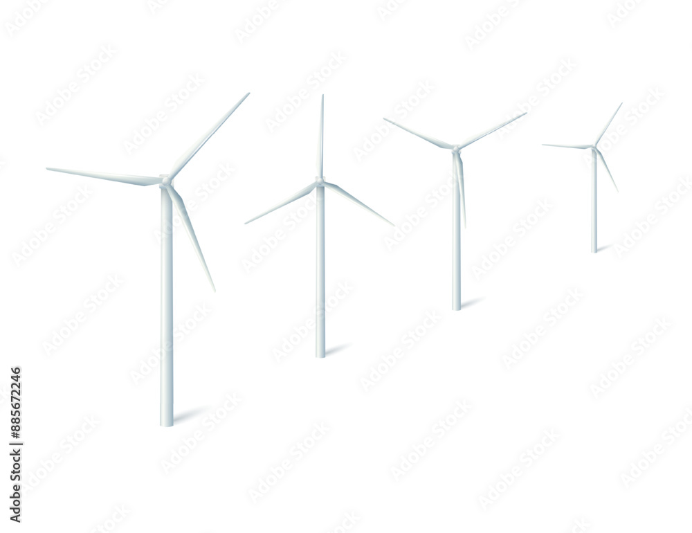 Wind turbines windmills energy power generators. White towers with long vanes for producing alternative eco energy. Vector Wind turbines windmills energy power generators. White towers with long vanes for producing alternative eco energy. Vector
