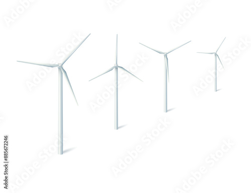Wind turbines windmills energy power generators. White towers with long vanes for producing alternative eco energy. Vector