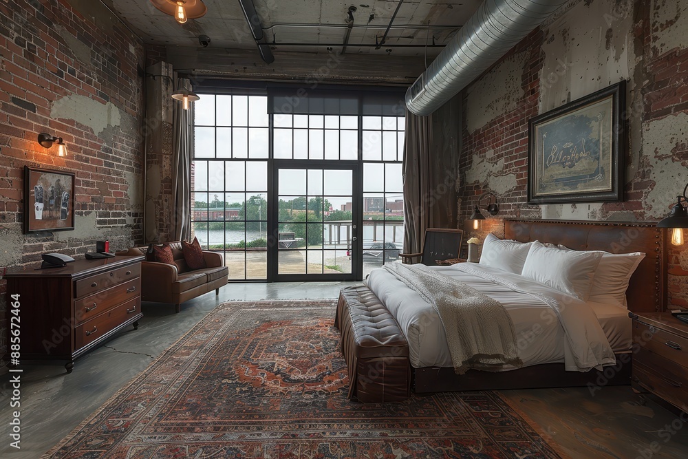 Hotel Room With Industrial Loft: Exposed brick walls, metal fixtures, and open space with large windows. Hotel Room With Industrial Loft: Exposed brick walls, metal fixtures, and open space with large windows.