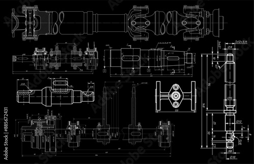 Vector engineering drawing of steel mechanical parts
(shaft, driveshaft) 
with dimension lines. Industrial 
cad scheme on paper sheet. Technology background.
Set of shaft.