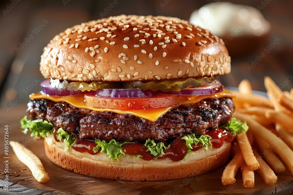 Delicious cheeseburger with fresh lettuce, tomato, onion, and pickles, served with crispy French fries on a wooden table. Delicious cheeseburger with fresh lettuce, tomato, onion, and pickles, served with crispy French fries on a wooden table.