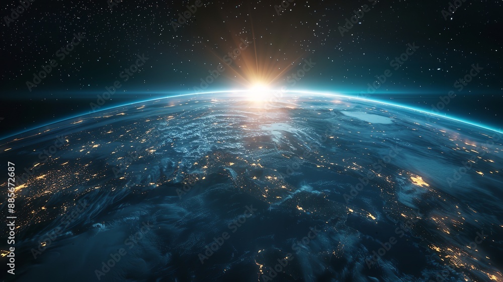 Fototapeta premium Night view of Earth from space, sun shining through clouds