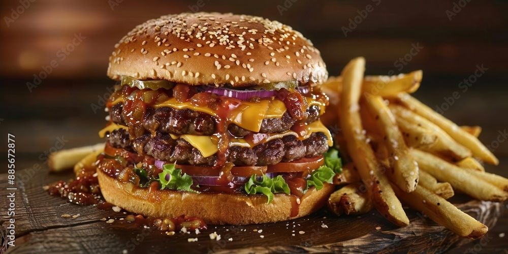 Delicious stacked beef burger with melted cheese, fresh vegetables, and crispy fries on the side, served on a rustic wooden board. Delicious stacked beef burger with melted cheese, fresh vegetables, and crispy fries on the side, served on a rustic wooden board.