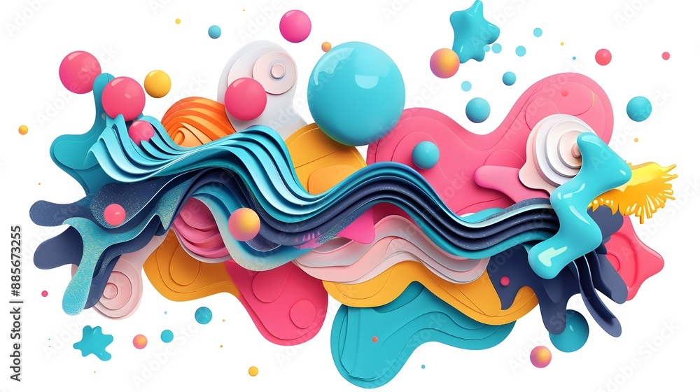 Vibrant and Playful Abstract 3D Shapes Suitable for Sticker Design or Shirt Graphics on White Background