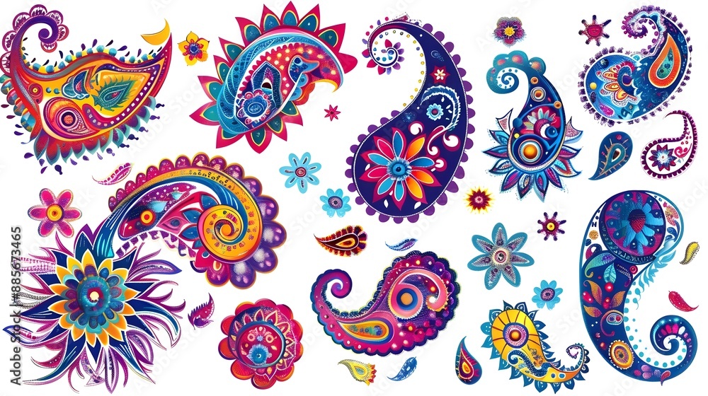 Vibrant Bohemian Paisley Patterns for Sticker and Textile Design Vibrant Bohemian Paisley Patterns for Sticker and Textile Design