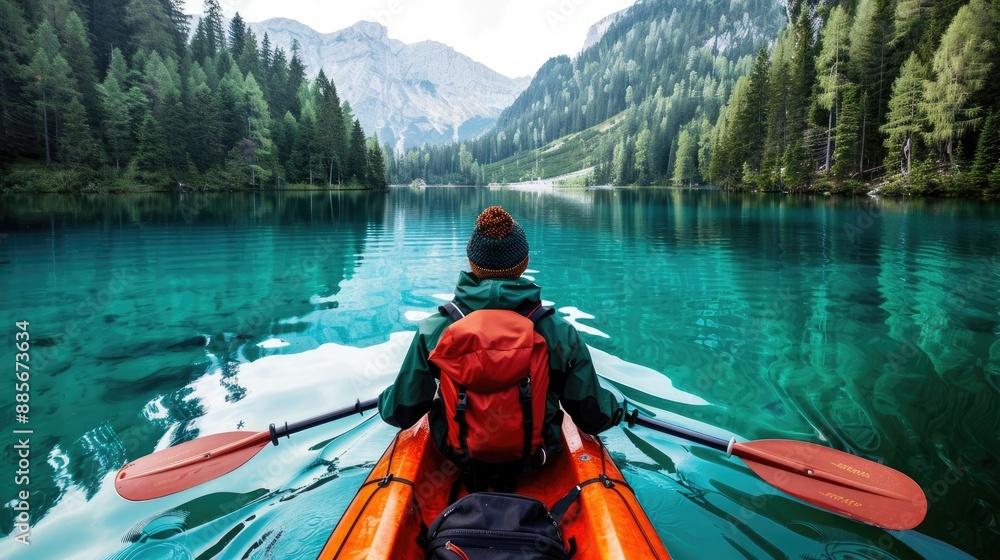 Adventurous traveler kayaking through a serene lake surrounded by towering pine trees Adventurous traveler kayaking through a serene lake surrounded by towering pine trees