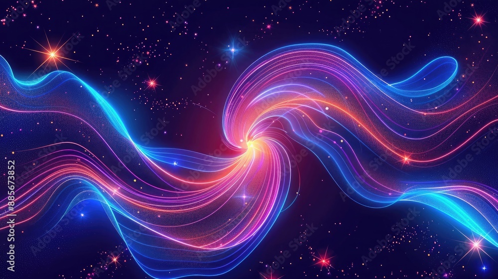 Fototapeta premium A stunning neon line design of a spiraling galaxy with bright stars and cosmic patterns, floating in deep space.