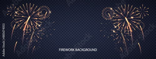 Holiday Firework congratulations background. Night salute for Christmas and New Year celebration. Birthday party banner