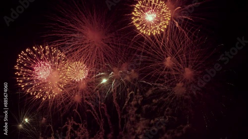 Colorful real fireworks show performance display celebration festival holiday on dark sky for abstract background, anniversary, celebration, 4th July, Independence Day, and new year.