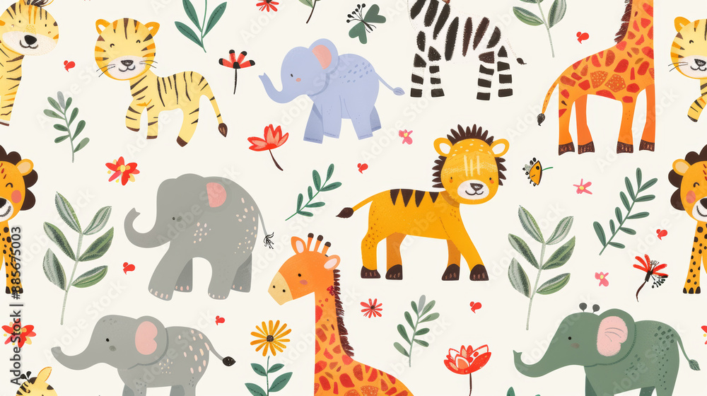 Obraz premium Adorable safari animals like elephants, tigers, and giraffes are on this fun pattern. Perfect for kids or babies.