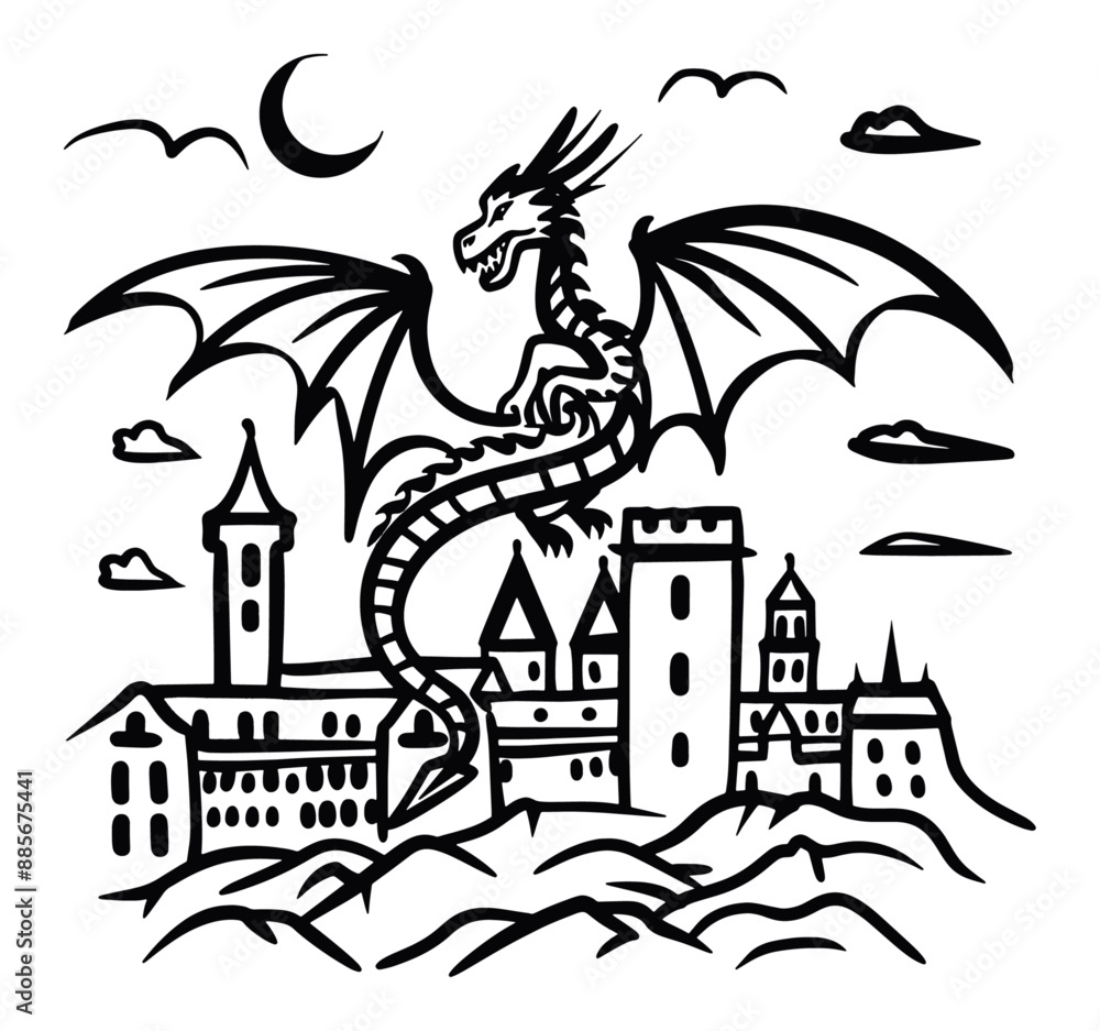 Dragon flying over castle with moon and clouds