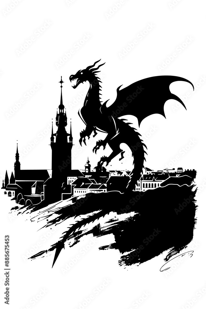 Dragon over medieval city skyline