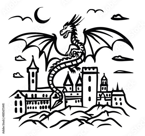 Obraz na płótnie Dragon flying over castle with moon and clouds w salonie