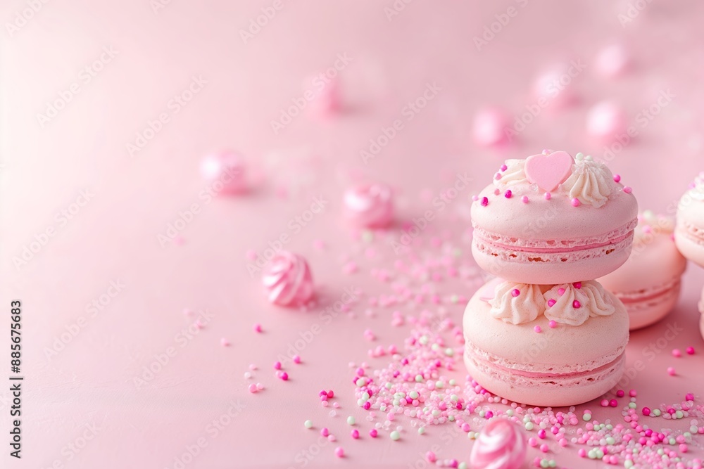 A stack of pink macarons decorated with hearts and sprinkles displayed on a light pink backdrop representing sweet indulgence. A stack of pink macarons decorated with hearts and sprinkles displayed on a light pink backdrop representing sweet indulgence.