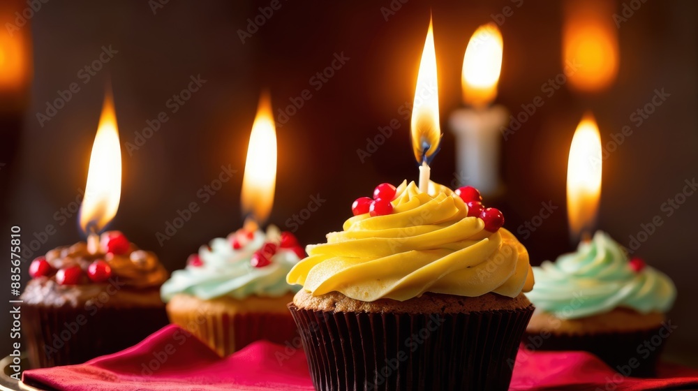 A solitary cupcake with a candle, resting on a dark surface A solitary cupcake with a candle, resting on a dark surface