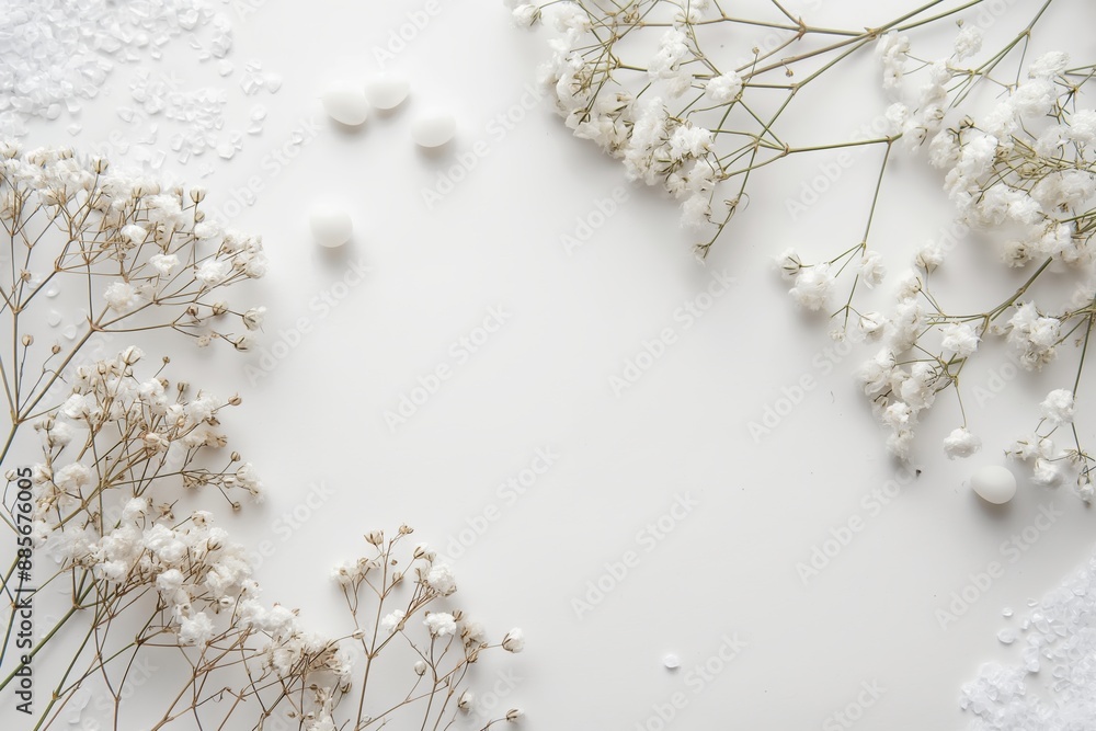Small white baby’s breath flowers and coarse salt decor on a white background, creating a simple yet stylish look. Small white baby’s breath flowers and coarse salt decor on a white background, creating a simple yet stylish look.