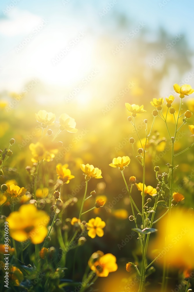 Fototapeta premium Yellow flowers bloom in a sunlit meadow under warm daylight, creating a joyful and picturesque natural scene.